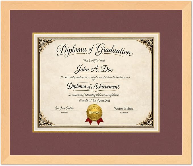 Diploma Frame Natural Wood with Dark Red Over Gold Double Mat - Fits 14 x 11 College Diploma (Modern) Wall Display Made in the USA
