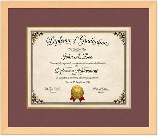 Diploma Frame Natural Wood with Dark Red Over Gold Double Mat - Fits 14 x 11 College Diploma (Modern) Wall Display Made in the USA