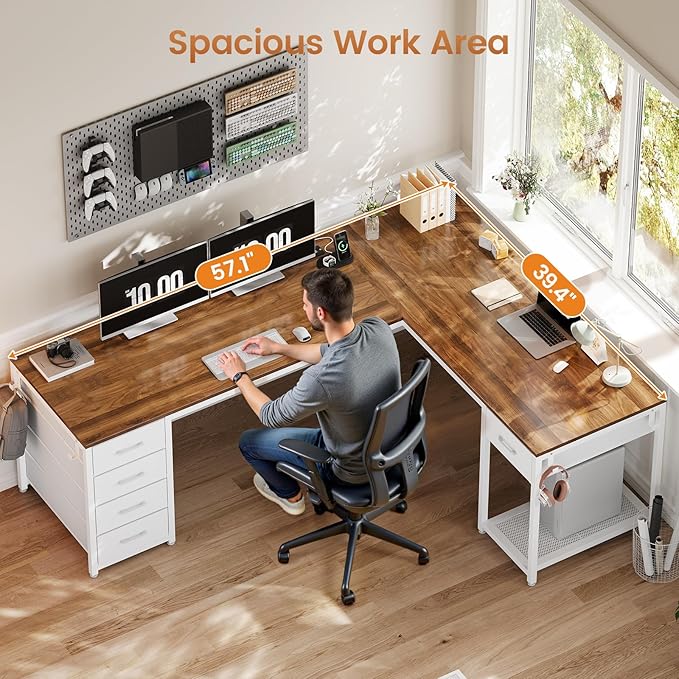 57" L Shaped Desk with 5 Drawers, Reversible Computer Corner Desk with Storage & Power Strip for Home Office, 78.7" Long 2 Person Desk, Brown+White