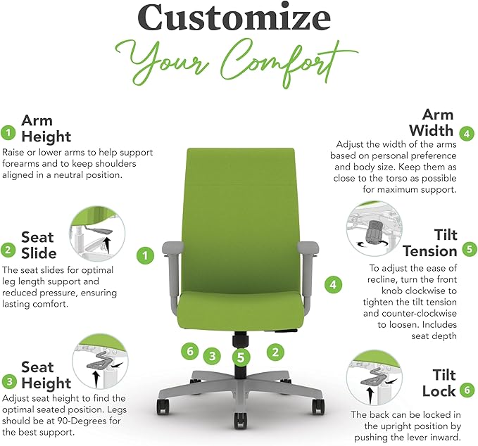 HON Ignition 2.0 Fabric Office Chair, Upholstered, Adjustable Arms, Standard Synchro-Tilt Recline Executive Ergonomic Office Chair, Titanium Frame, Pear