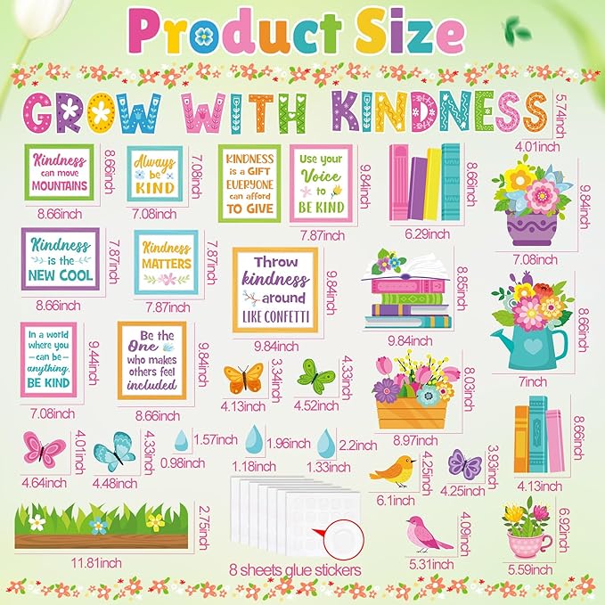 Qilery Grow with Kindness Bulletin Board Set Spring Classroom Decorations - Motivational Reading Posters for Teachers Elementary School Library Wall Decor Flower Book Cutouts for Kindness Week Display