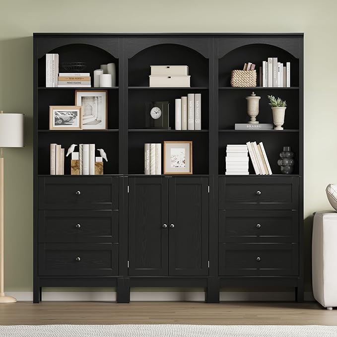 Bookshelf with Doors, 71" Tall Wood Book Shelf with Cabinet, 24" Wide Arched Bookcase with Adjustable Shelf, Floor Standing Display Storage Cabinet for Home Office, Study and Living Room, Modern Black