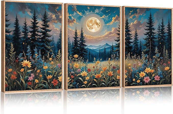 Large Nature Moon Wildflowers Framed Canvas Wall Art,Vintage Forest Flowers Wall Decor,Dark Mountain Night Wall Painting,Wilderness Artwork for Living Room,Bedroom,Dining Room,Office -24"x36"x3