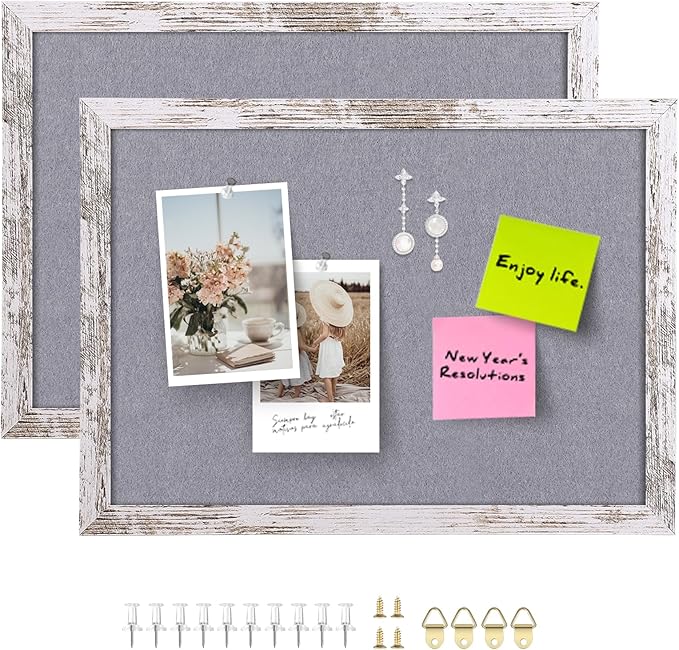 Gray Felt Bulletin Board, 14.2x10.2 inches Decorative Hanging Bulletin Boards for Walls with White Rustic Wood Frame, Pin Board Vision Board for Office Home School with Pins (2636,WH,2pc)