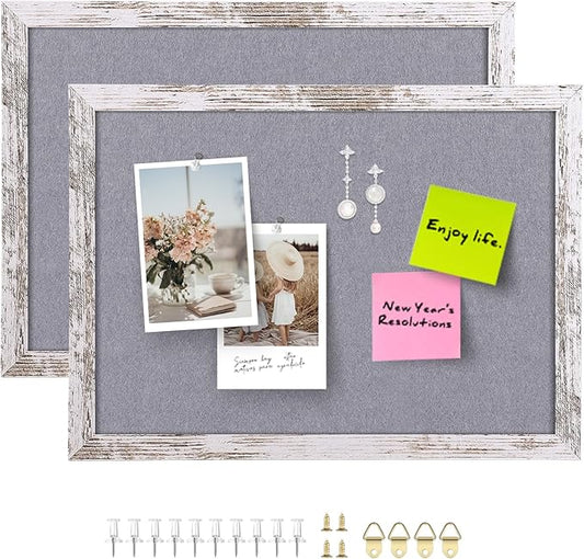 Gray Felt Bulletin Board, 14.2x10.2 inches Decorative Hanging Bulletin Boards for Walls with White Rustic Wood Frame, Pin Board Vision Board for Office Home School with Pins (2636,WH,2pc)