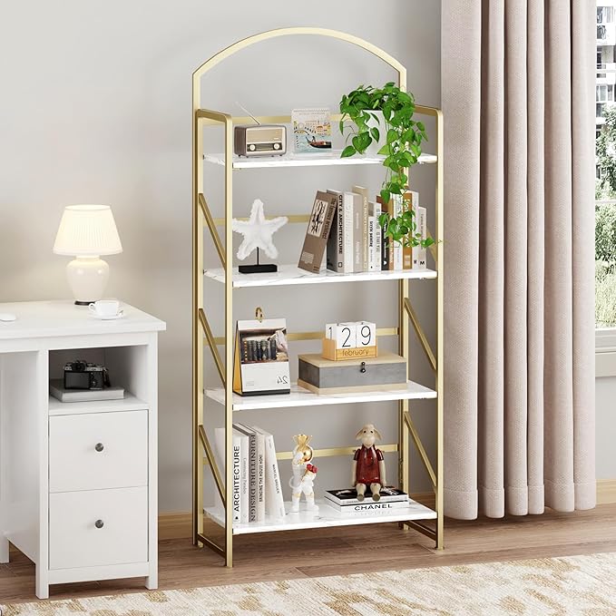 BHG Arched Bookshelf 4 Tier Shelf Storage Organizer Bookcase,No Assembly Folding Book Shelf for Living Room,Bedroom Home Office Rack Bookhelves