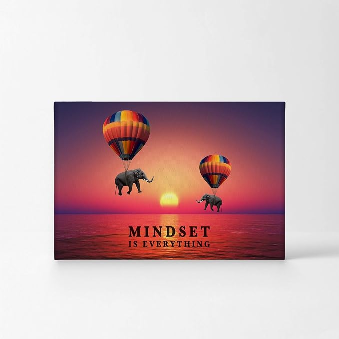 Smile Art Design Mindset is Everything Elephant with Balloon in Sunset Motivational Wall Art Canvas Print Inspirational Wall Art Entrepreneur Quote Office Living Room Decor Gift Ready to Hang 15x22