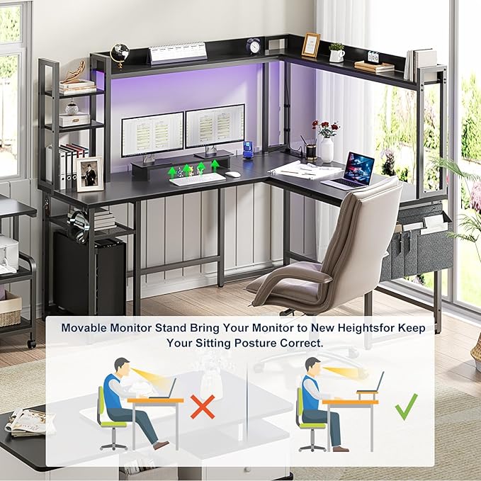 Aheaplus L Shaped Gaming Desk, Reversible L Shaped Desk with Power Outlet and Led Lights, Gaming Desks Corner Computer Desks with Hutch, Monitor Stand and Storage Bag for Home Office, Black