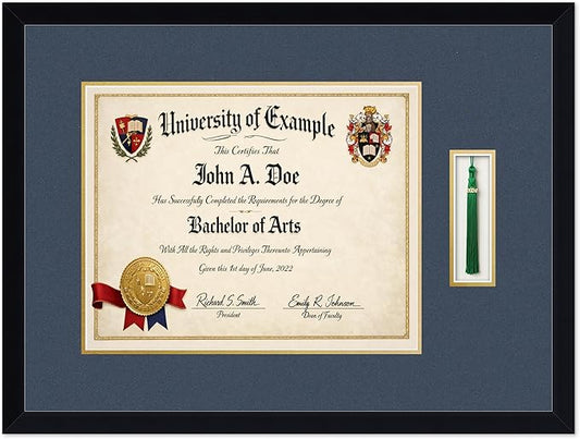 CountryArtHouse Diploma and Tassel Frame Fits 15 x 12 Military/Government with Tassel Hook Matte Black Genuine Hardwood Shadowbox with Navy Blue Over Metallic Gold Double mat