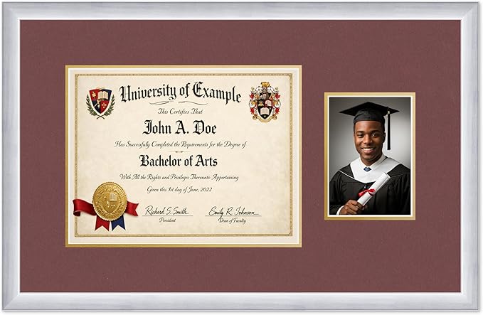 CountryArtHouse Fits 13 x 10 College Diploma (Traditional) and 5 x 7 Photo Diploma and Photo Frame Stainless Silver Genuine Hardwood with Dark Red Over Metallic Gold Double mat