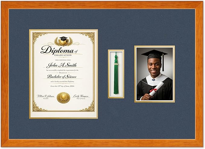 Diploma Tassel and Photo Shadowbox Fits 8.5 x 11 Certificate (Portrait) with Tassel Hook an Honey Oak Genuine Hardwood with Navy Blue Over Metallic Gold Double mat