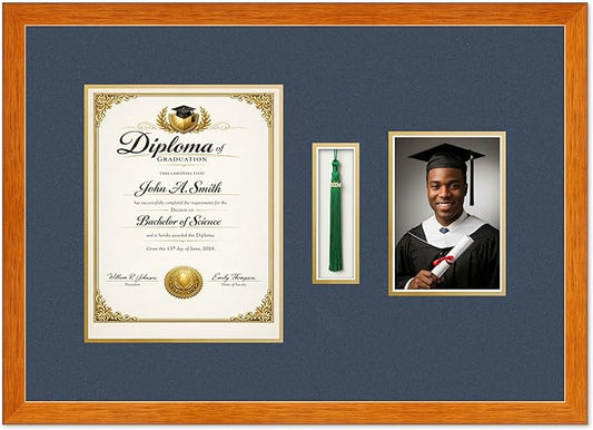 Diploma Tassel and Photo Shadowbox Fits 8.5 x 11 Certificate (Portrait) with Tassel Hook an Honey Oak Genuine Hardwood with Navy Blue Over Metallic Gold Double mat