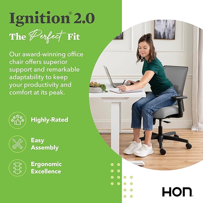 HON Ignition 2.0 Low Back Task Chair, Standard Synchro-Tilt Control, Office Chair with Lumbar Support, Height and Width Adjustable Arms, Black Frame, Frost
