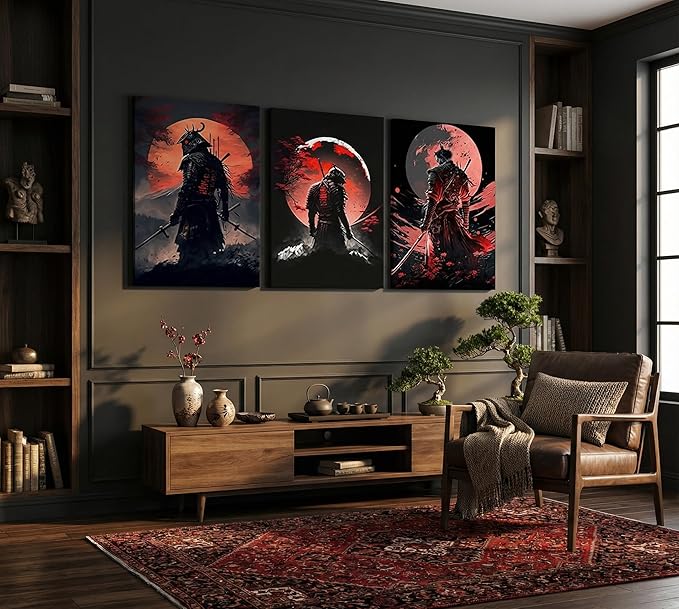 3pcs Japan Samurai Canvas Wall Art Japanese Style Full Moon Ninja Wall Decor Pictures Japanese Bushido Posters Prints Paintings for Living Room Bedroom Home Artwork Decoration Ready To Hang