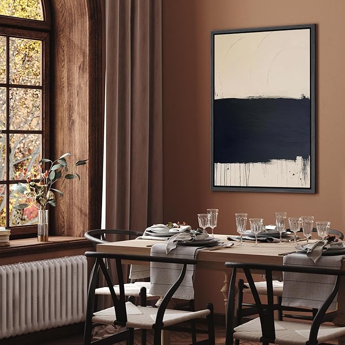 SIGNFORD Framed Canvas Print Wall Art Minimalist Navy and Beige Abstract Contemporary Illustrations Modern Art Decorative Relax/Calm for Living Room, Bedroom, Office - 16"x24" Black
