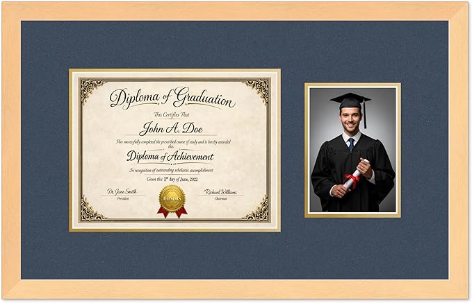 Diploma Frame With Photo Opening Natural Wood Navy Blue Over Gold Mat - Fits 11 x 8.5 Degree and Picture Made in the USA