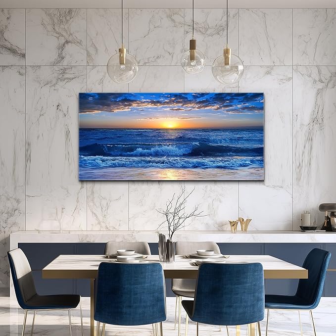 canvas wall art for living room Blue Ocean Sea sun landscape painting bathroom Wall Decor Ready to Hang for Home Decorations office family bedroom kitchen Works canvas Prints pictures 20" x 40"inch
