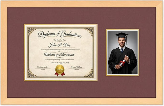 Diploma Frame With Photo Opening Natural Wood Dark Red Over Gold Mat - Fits 11 x 8.5 Degree and Picture Made in the USA