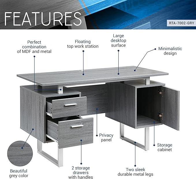 Techni Mobili Modern Office Desk with Storage, Gray