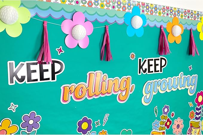 Happily Ever Elementary Retro Remix 103-Piece Motivational Bulletin Board Set, Roller Skates, Flowers, and More Groovy Bulletin Board Decorations for Classroom Decor