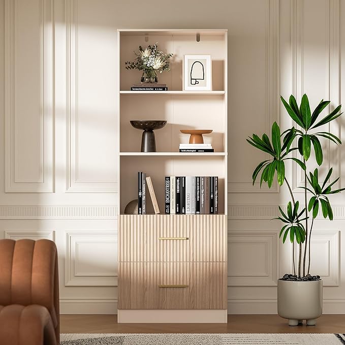 Oak Bookshelf with Drawers, 63" Tall Book Shelf with Storage, 3 Shelf Bookcase with Adjustable Shelf, 3 Tier Modern Book Shelf, Open Shelves Bookcase, Unique Bookshelf Home Office, Oak