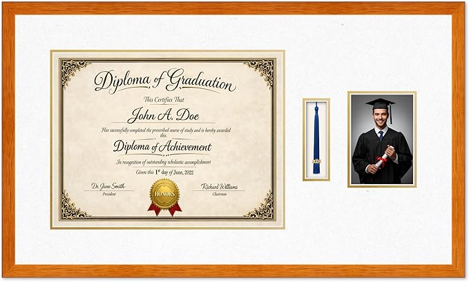 Diploma Tassel and Photo Frame Honey Oak Shadowbox Oyster Shell Over Gold Mat - Fits 17 x 13 Degree Picture Made in the USA
