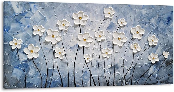 YHSKY ARTS Enchanting 3D Hand-Painted White Floral Wall Art, Textured Floral Masterpiece Brings a Touch of Elegance and Natural Beauty to Any Home Space