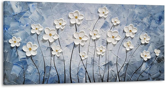 YHSKY ARTS 3D Hand - Painted White Floral Wall Art with Printed Blue Background, Textured Flower Decor for Home