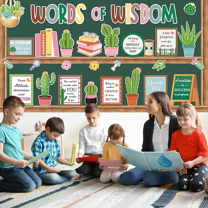 57 Pcs Cactus Bulletin Board Set Inspirational Summer Bulletin Board Decoration Positive Cutout Classroom Decoration for School Office Home Teacher Classroom Wall Supplies
