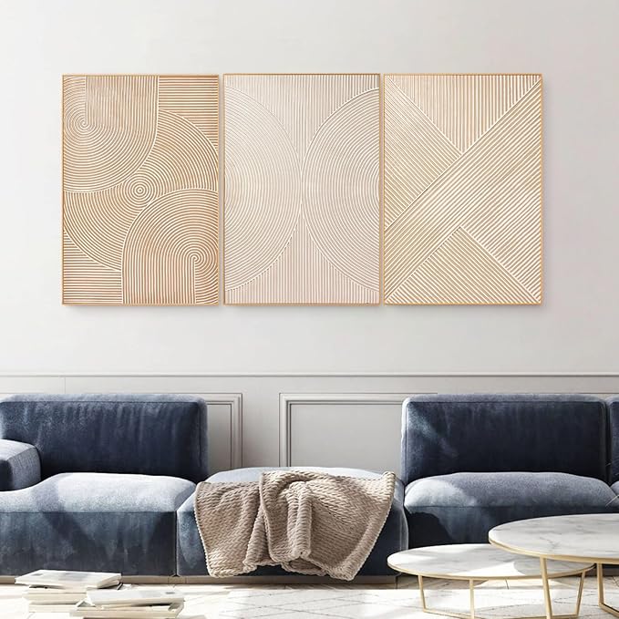 Zessonic Large Textured 3D Wall Art Neutral Set of 3-24"x36" Hand-Painted Abstract Canvas Framed Paintings Brown for Living Room, Bedroom - Modern Minimalist Neutral Boho Decor