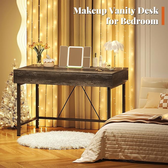 VERMESS 40Inch Small Desk with Wooden Drawers, Kids Desk for Bedroom, Work Desks for Home Office with Storage, Computer Desk for Small Space, Modern Makeup Vanity Writing Study Desk Table, Grey Oak