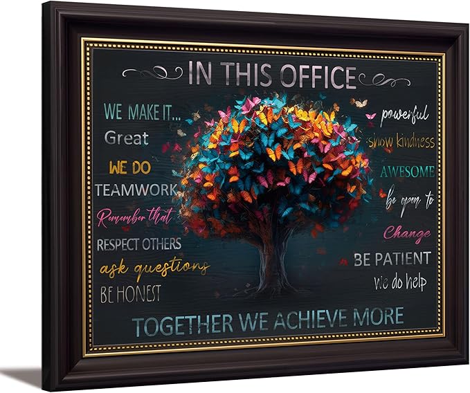 Dark Brown Frame Office Inspirational Tree Of Life Canvas Wall Art Teamwork Positive Energy Picture Wall Decor Team Rules Inspiring Poster Print Painting for Living Room Bedroom Man Cave Decoration