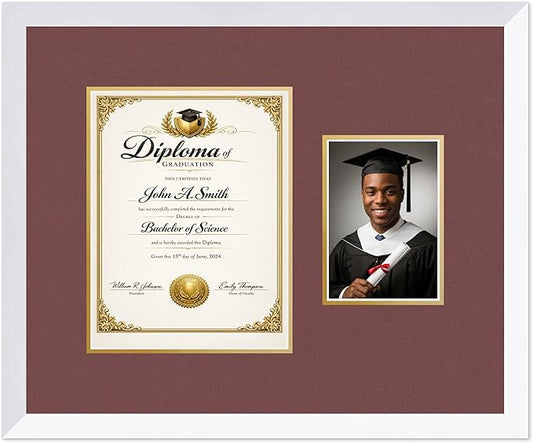 CountryArtHouse Fits 8.5 x 11 Certificate (Portrait) and 5 x 7 Photo Diploma and Photo Frame Bright White Genuine Hardwood with Dark Red Over Metallic Gold Double mat