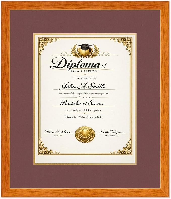 CountryArtHouse Diploma Frame Fits 11 x 14 College Diploma (Portrait) - Keepsake Graduation Display Honey Oak Genuine Hardwood with Dark Red Over Metallic Gold Double mat