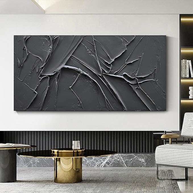 NANKAI Hand-Painted Thick Texture Black Minimalist Oil Painting 30x60 Inch Large Contemporary Art Oil Painting, Home, Office Wall Decorative Art