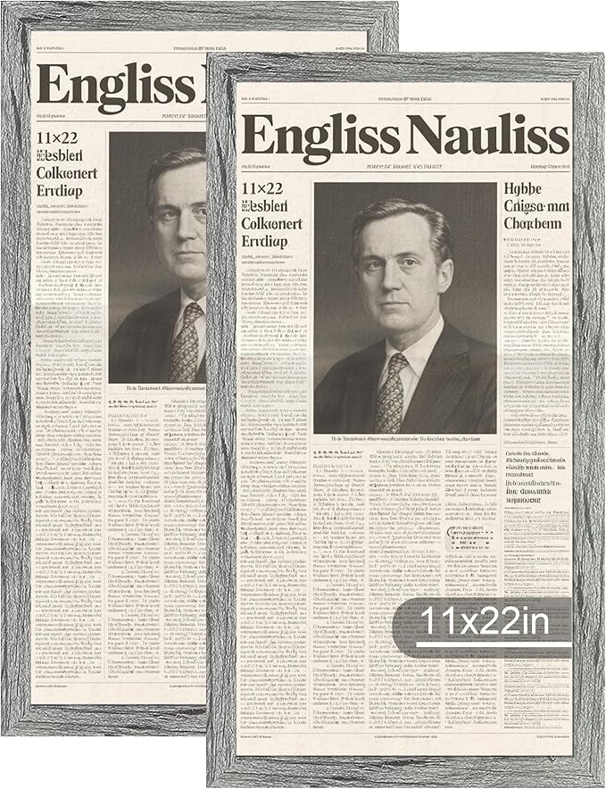 11x22 Newspaper Frame 2 Packs, Real Glass and Grey Wood Frame, Display Panoramic 11 x 22 Magazine Frames - Horizontal or Vertical Wall Mounting