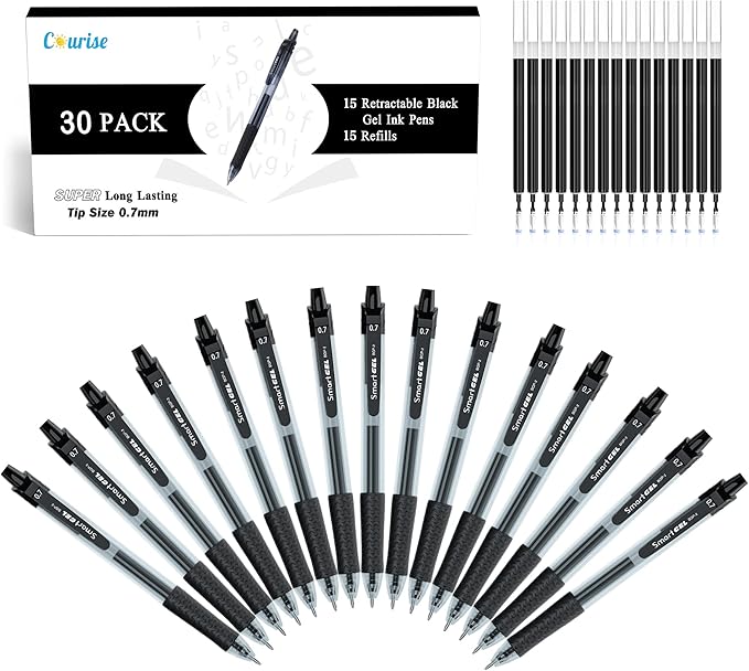 30 Pack Black Gel Pens, Retractable Medium Point Gel Ink Pens Smooth Writing for School Office Home, Comfort Grip(15 Pens with 15 Refills)