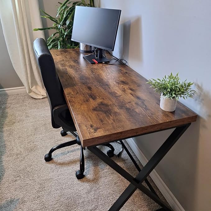 IBF Rustic Computer Desk, Farmhouse 60 inch Home Office Desk, Industrial Wood Metal Work Desk for Writing Study, Vintage Minimalist Executive Workstation PC Gaming Table in Bedroom, Rustic Brown