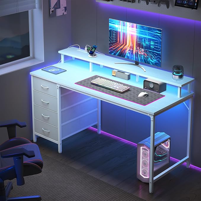 DUMOS Computer Desk with 4 Drawers,4 Drawer Gaming Desk with with Power Outlets and LED Lights,Office Desk for Small Spaces with Monitor Shelf,Writing Desk for Home Office, Bedroom,Study 45 Inch White