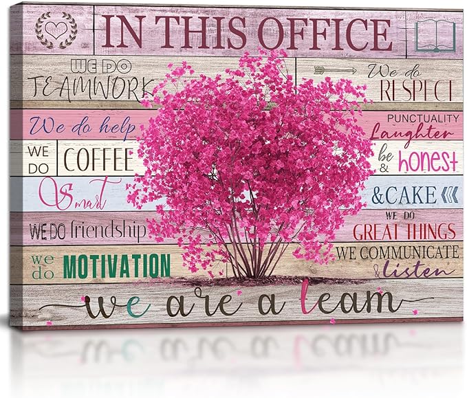 WOWGOOMO Pink Motivational Wall Art for Women Positive Sayings In This Office We Are A Team Flower Tree Picture Poster Modern Entrepreneur Wall Art Home Office Workspace Decoration Framed 12x16 Inch