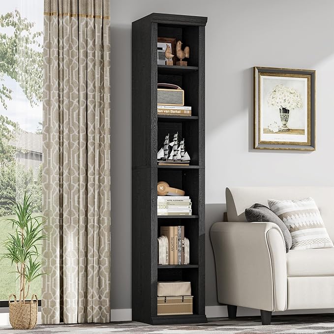 Rresyet Tall Narrow Bookcase, 6-Tier Bookshelf, Modern Open Display Storage Shelf for Living Room, Home Office, Bedroom, Black