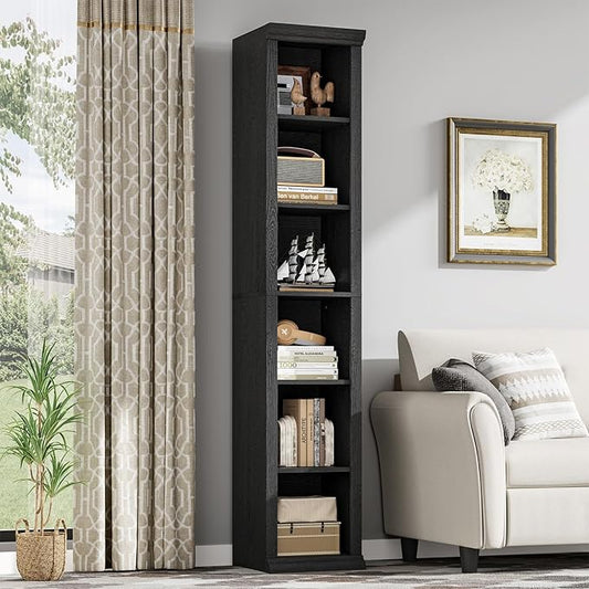 Rresyet Tall Narrow Bookcase, 6-Tier Bookshelf, Modern Open Display Storage Shelf for Living Room, Home Office, Bedroom, Black