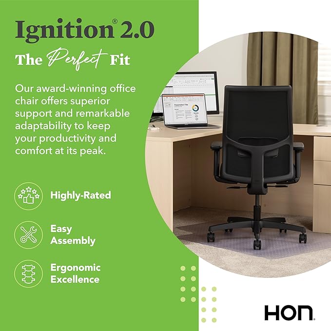 HON Ignition 2.0 Mid Back Task Chair, Spectrum Mesh, Standard Synchro-Tilt Control, Office Chair with Lumbar Support, Height and Width Adjustable Arms, Black Frame, Onyx