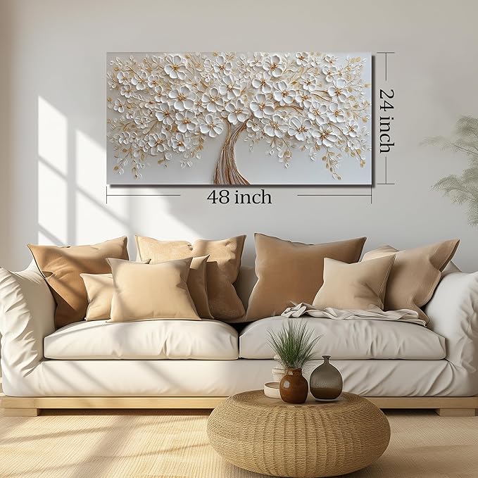 White Flower Prints Wall Art for Bedroom Women Tree Pictures Wall Decor for Dining Room Modern Wall Decor for Dormitorios Size 24 x 48 Inch