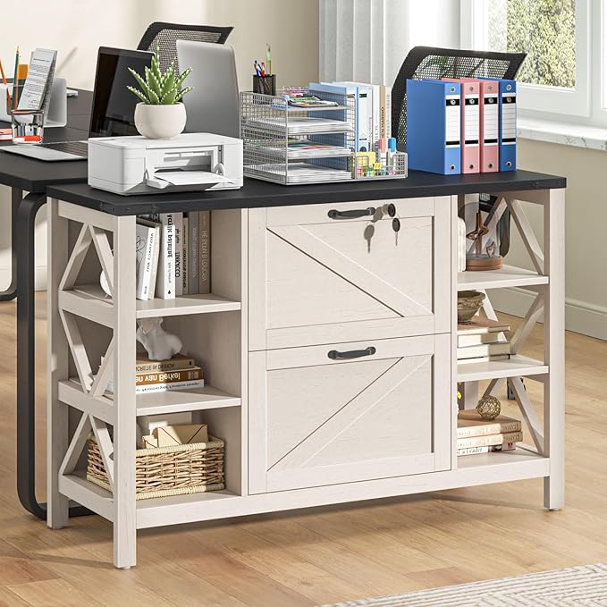 44" Lateral File Cabinet with Adjustable Shelves, Farmhouse 2 Drawer Filing Cabinet with Lock for Legal/A4/Letter, Wooden Printer Stand Office Furniture for Home Office, White and Black