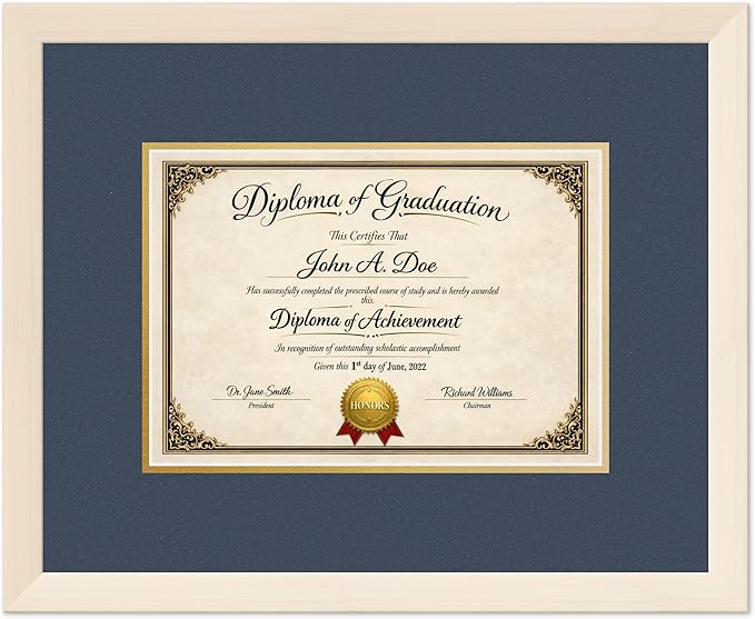 Diploma Frame Coastal Whitewash with Navy Blue Over Gold Double Mat - Fits 11.69 x 8.27 A4 Certificate Wall Display Made in the USA