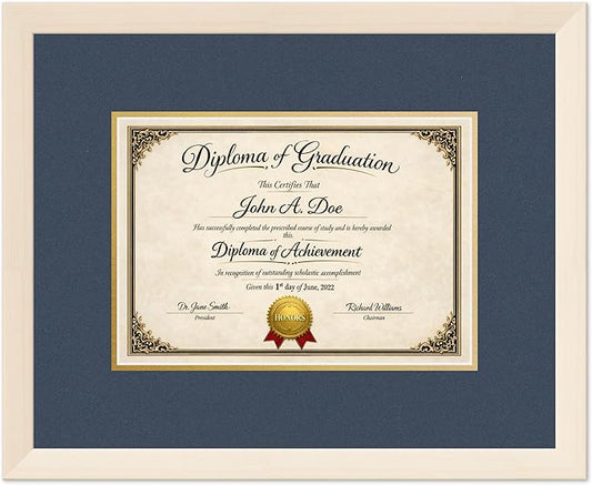 Diploma Frame Coastal Whitewash with Navy Blue Over Gold Double Mat - Fits 11.69 x 8.27 A4 Certificate Wall Display Made in the USA