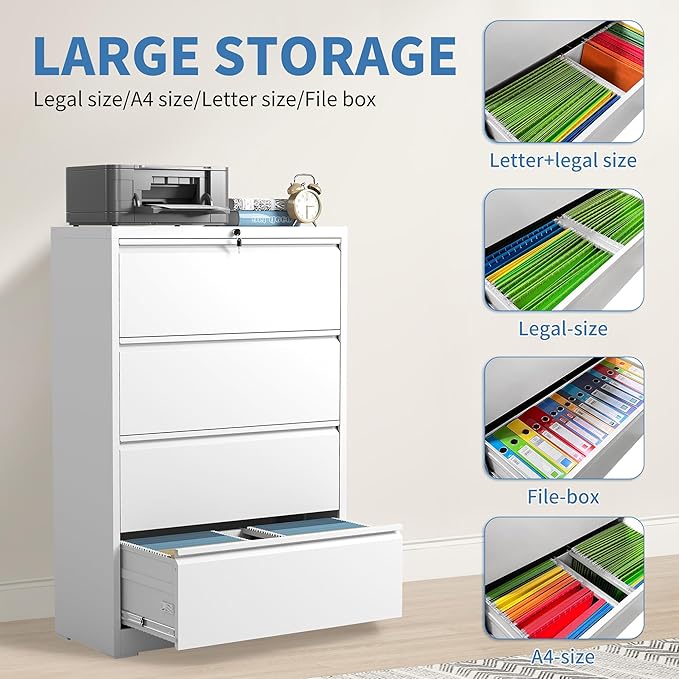 File Cabinets 4 Drawer,Metal Office Storage Filing Cabinet with Lock,White Lateral Filing Cabinet for Home Office,Horizontal Locking File Cabinet for Legal/Letter/A4,Assembly Require,White