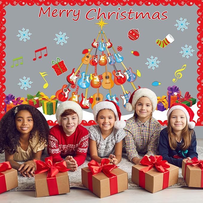 gisgfim Christmas Bulletin Board Decoration Set Guitar Christmas Tree Paper Cutouts Merry Xmas Music Classroom Bulletin Board Decor for Xmas Winter Holiday School Door Home Wall(Guitar)