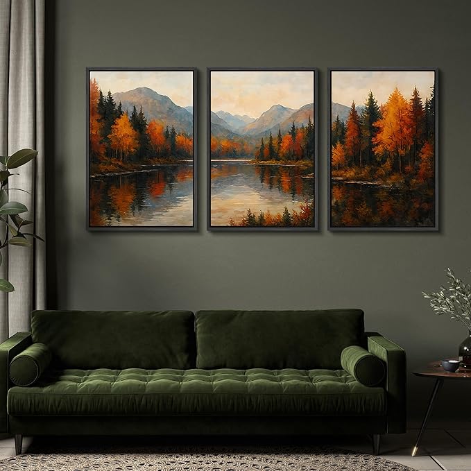 SIGNFORD Framed Wall Art Print Set Autumn Mountain Lake Vibrant Fall Forest Landscape Digital Art Modern Art Contemporary for Living Room, Bedroom, Office - 16"x24"x3 Black